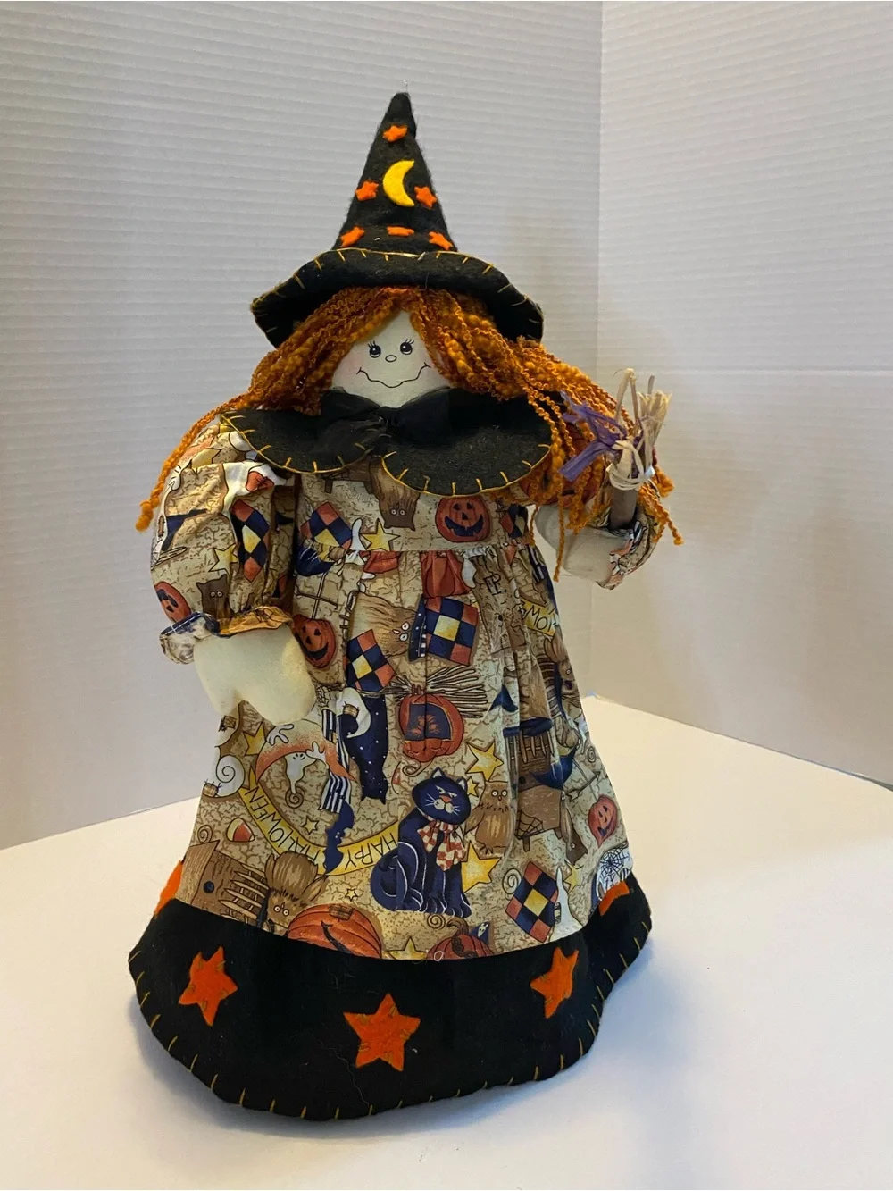 Vintage Witch With Broom Fabric Orange And Black Weighted Bottom Prima Creations